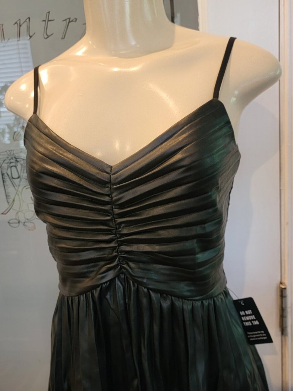 Express Faux Leather V-Neck Pleated Fit And Flare Mini Little Black Dress. - Picture 5 of 15